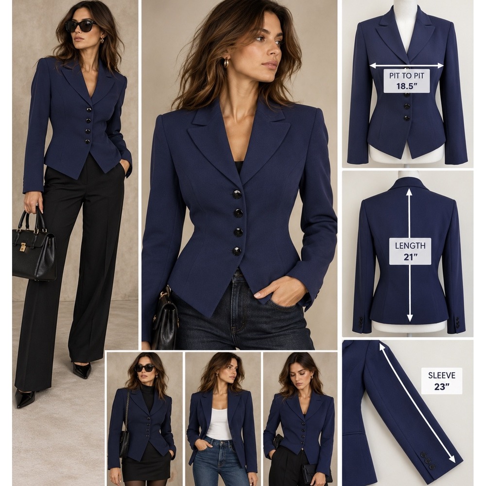 Fitted Navy Blazer Size 6 Tahari Hourglass Office Siren Y2K Tailored Jacket